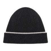 Eleventy Kashmir Beanie Mössa Svart Sand Ribbad Black, Herr