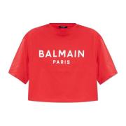 Balmain Kort T-shirt med tryckt logotyp Red, Dam