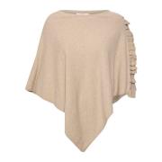 Cream Oversized Poncho med Ruffle Detalj Beige, Dam