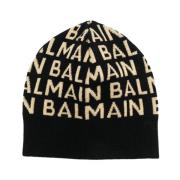 Balmain Allover Logo Beanie Ull Cashmere Blandning Black, Herr