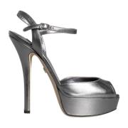 Dolce & Gabbana Silver Metallic Läder Plattform Sandaler Gray, Dam