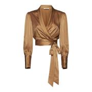 Zimmermann Satin Wrap Blus med Shawl Krage Brown, Dam