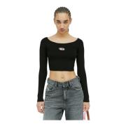 Diesel Ribbstickad Crop Top med Logo Black, Dam