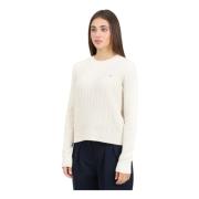 Tommy Jeans Beige Crewneck Sweater med Flätmönster White, Dam