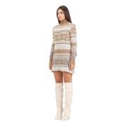 Akep Beige Jacquard Stickad Kort Klänning Multicolor, Dam