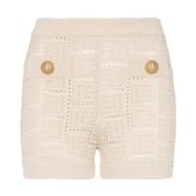 Balmain Stickade Höga Midjeshorts med Guldtonade Knappar Beige, Dam