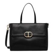 Twinset Svart Läder Shopper Väska Brera Black, Dam