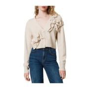 Twinset Ivory Cardigan med Asymmetrisk Volang Beige, Dam