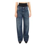 Sportmax Högmidjade denim jeans med ribbstickad fåll Blue, Dam