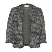 Cream Svart Vit Boucle Check Cardigan Jacka Gray, Dam