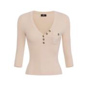 Elisabetta Franchi Räfflad lyocell silke tröja 3/4 ärmar Beige, Dam