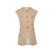 Veronica Beard Twill Linne Blazer med Dekorativa Knappar Beige, Dam