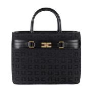 Elisabetta Franchi Svart Jacquard Shopper Väska med Guld Detaljer Blac...