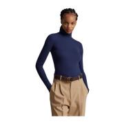 Ralph Lauren Blå Stretch Ribbstickad Turtleneck Blue, Dam