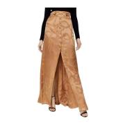 Balmain Sidens Maxi Kjol med Kedjemönster Brown, Dam