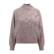 Brunello Cucinelli Beige T-Neck Sweater med Ramage Broderi Beige, Dam