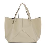 Victoria Beckham Logo Läderhandväska med Justerbara Handtag Beige, Dam