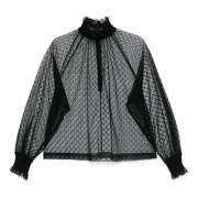 Dolce & Gabbana Mesh Blus med Volanger och Ståkrage Black, Dam