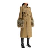 Burberry Lång Trenchcoat med Shearling Manschetter Green, Dam