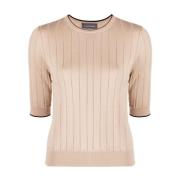 Lorena Antoniazzi Beige Ullstickad T-shirt med Kort Ärm Beige, Dam