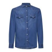 Brunello Cucinelli Blå denimskjorta med spetskrage Blue, Herr