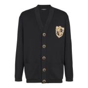 Balmain Stickad kofta med broderad lapp Black, Herr