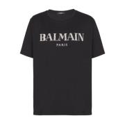 Balmain Svart Bomull Jersey Logo Smyckad T-shirt Black, Herr