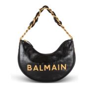 Balmain 1945 Soft Moon väska i monogrammönstrat kalvskinn Black, Dam