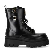 Elisabetta Franchi Svart Combat Boot med Gyllene Emblem Black, Dam