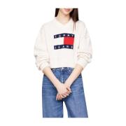 Tommy Jeans Vit Tröja med Flagga Logotyp White, Dam