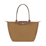 Longchamp Camoscio Guldton Läder Väska Beige, Dam