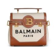 Balmain Ecru canvas B-Buzz 23 väska med bruna läderpaneler Beige, Dam