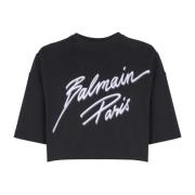 Balmain Beskuren T-shirt med flocked bokstavlogo Black, Dam