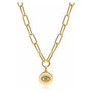 Nialaya Men's Gold Paperclip Chain with Evil Eye Coin Yellow, Herr