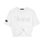 Versace Bomull Logo Smyckad Strass Topp White, Dam