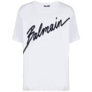 Balmain Vit Bomull T-shirt med Tryckt Logotyp White, Herr