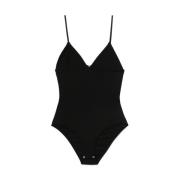 Baserange Minimalistisk V-ringad Bodysuit i Svart Black, Dam