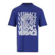 Versace Bomull Crew Neck Logo Print T-shirt Blue, Herr