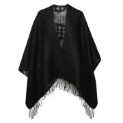 V73 Reversibel Svart Jacquard Cape med Fransad Kant Black, Dam