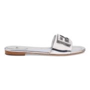 Fendi Champagne Metallic Läder Slides med FF Motif Gray, Dam