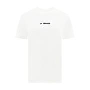 Jil Sander Monogramtryck Bomull T-shirt, Ribbad Crew Neck White, Dam