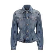 Balmain Ruffle Hem Denim Jacket Classic Collar Blue, Dam