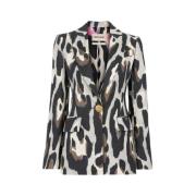 Roberto Cavalli Jaguar-Print Linen Blazer Slim Fit Multicolor, Dam