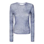 Ganni Mesh Långärmad Crew Neck Blus Blue, Dam