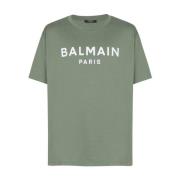 Balmain Grön Bomull Logo Print Rund Hals Green, Herr