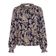 Cream Blå Paisley Feminin Blus med Puffärmar Blue, Dam