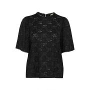 Cream Spets T-shirt Topp Svart Black, Dam