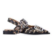 Ganni Leopard Satin Feminine Buckle Ballerinas Brown, Dam