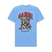 Ganni Tigertryck Bomull Avslappnad T-shirt Blue, Dam