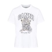 Ganni Leopardmönstrad Avslappnad Jersey T-shirt White, Dam